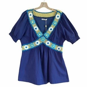 NWT Perlina Women Blue BOHO Crochet V-Neck Tunic 4 M